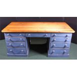 Pine desk, of large proportions, painted blue