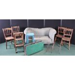 Furniture, to include a drop end sofa, a set of four chairs a wire rack, ladder, blue painted