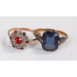 Two 9 carat gold rings, both stone set with silver shoulders, (2)