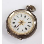 Silver open face pocket watch, with a white enamel dial, Roman hours, crown wound