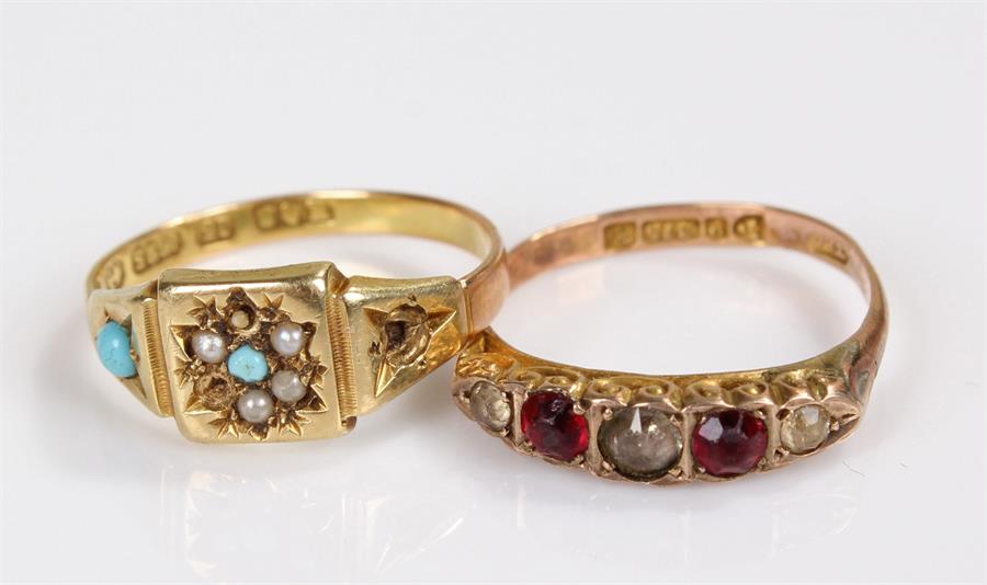 15 carat gold turquoise set ring, set with pearls and turquoise, together with a 9 carat gold