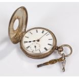 Silver half hunter pocket watch, the silver case with blue enamel Roman hours, an enclosed white