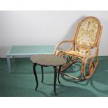 Bamboo rocking chair, together with a green lacquer table and a frosted glass coffee table, (3)