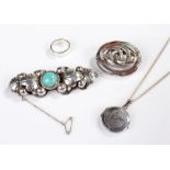 Silver jewellery, to include an Agate set brooch, a ring, locket and chain and turquoise set brooch,