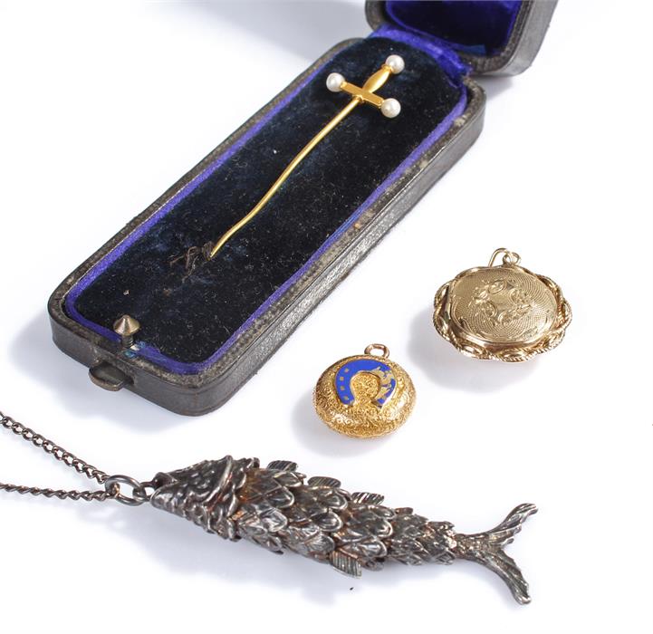 Yellow metal and pearl stick pin, in the form of a sword, cased, together with an articulated