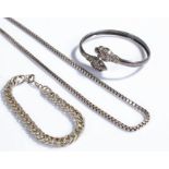 Silver jewellery, to include two silver chains and a silver bracelet, (3)