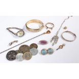 Mixed Jewellery, to include two silver and enamel brooches, gilt silver bracelet hallmarked 1958