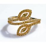 9 carat gold yellow diamond ring, the leaf cross over design with yellow diamonds to the head and