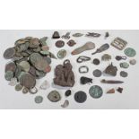 Collection of metal detector finds, to include coins, buckles, and badges