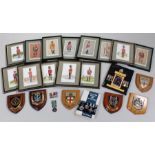 Militaria, to include Ships badges, framed replica miniatures, Air Raid medal, miniature group of