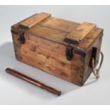 Pine ammunition box with steel fittings and rope carrying handles, to include a wooden baton; the