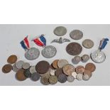 Collection of coins and medals, to include Russian, British, Coronation medals and a sweetheart
