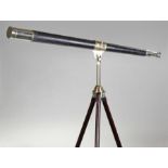 Ross of London telescope on stand, the brass telescope with leather clad middle, signed Ross