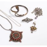 Silver jewellery, to include a brooch, a pendant and necklace, another pendant necklace, a brooch