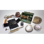 Mixed lot, to include a Pathescope, a Thornton compass set, and a boxed postage scale (qty)