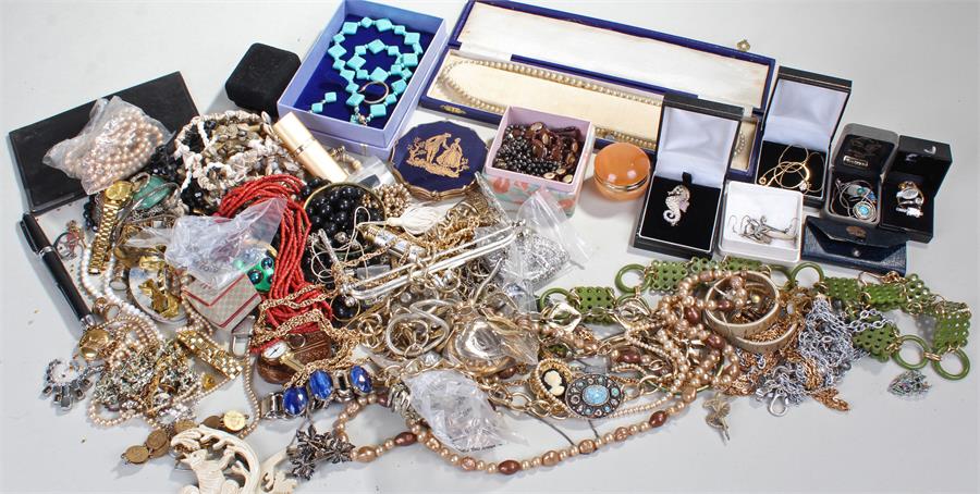 Box of costume jewellery, including a compact, necklaces, and earrings (qty)