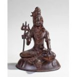 Bronze Indian deity statue, Lord Shiva, seated position with one hand raised, 19cm high