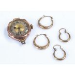 two pairs of 9 carat gold earrings, together with a 9 carat gold ladies wristwatch
