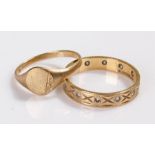 Two 9 carat gold rings, the first a signet ring, the second an eternity, total weight 3.1 grams