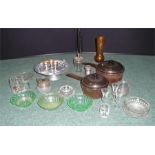 Mid Century stainless steel tray, milk jug, and sugar bowl, along with a collection of glass and