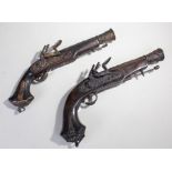 Two large ornamental flintlock pistols, (2)