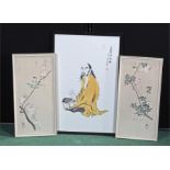 Japanese portrait of a sage wearing a yellow robe and holding a book and right hand raised in
