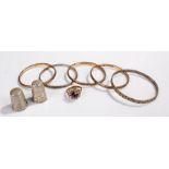 Mixed lot, including a silver thimble, Chester 1912, five bangles one marked 579 silver, a ring, and