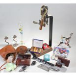 Mixed lot, to include vintage tape measure, candlesticks, cork remover, erotic playing cards,