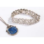 Silver bracelet, of half moon design, together with a lapis lazuli pendant on chain, (2)