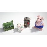 Natwest piggy bag, Dusty Bin piggy bank, and two others (4)