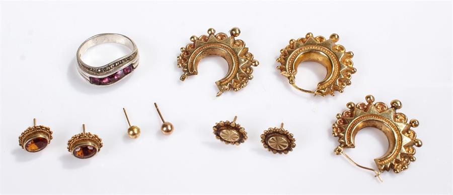 9 carat gold, to include three earrings, a pair of 9 carat gold earrings, another pair, and a yellow