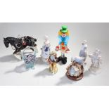 Collection of ceramic and glass figures, shire horse, clowns, etc, (8)