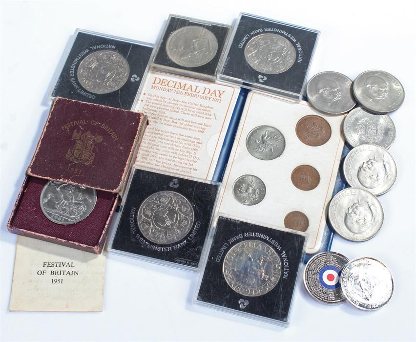 Collection of coins and medals, to include four Churchill silver Crowns and a Festival of Britain