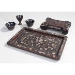 Chinese tray with mother of pearl floral patterns, and a Chinese stand and three cups (5)