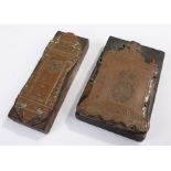 Two copper printers blocks of clocks set on wood. largest 13cm x 8.5cm