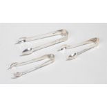 Silver sugar tongs, to include a Victorian pair with bright cut decoration, a sterling silver claw