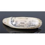 Small 19th Century scrimshaw tooth decorated with a whaling scene length 13cm