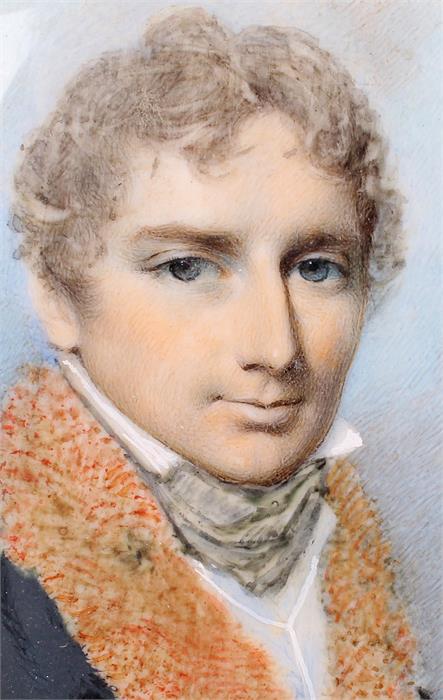 George Engleheart (1750-1829 ) portrait miniature The Hon Berkeley Paget with fair curly hair, a fur - Image 2 of 2