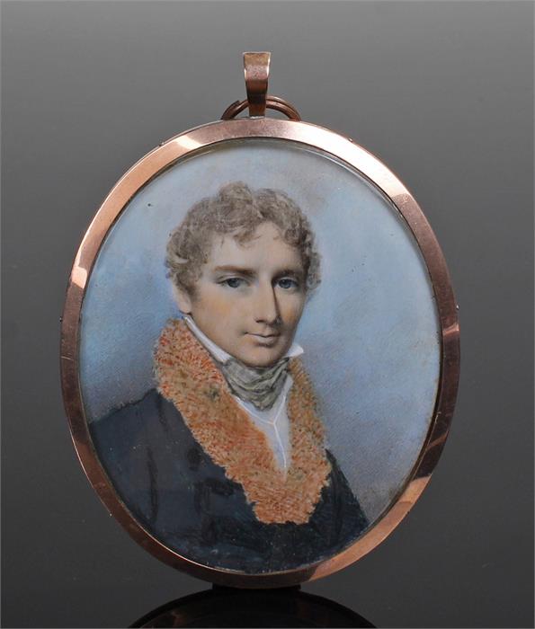 George Engleheart (1750-1829 ) portrait miniature The Hon Berkeley Paget with fair curly hair, a fur