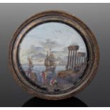 Table snuff box of circular form with the lid holding an oil seascape with sailing ships, figures