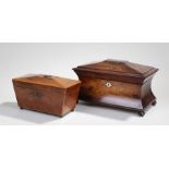 Victorian rosewood tea caddy, of sarcophagus from with a hinged lid enclosing two tea compartments
