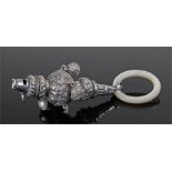 Victorian silver rattle, Birmingham, maker George Unite, the whistle rattle with four bells attached