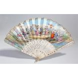 19th Century bone and hand painted fan, the bone stocks heighted with flowers, a hand painted