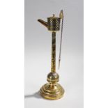 19th Century Whale oil lamp with scale pattern lidded reservoir holder atop a spiralled column and