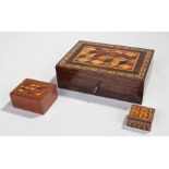 Three Tunbridge ware boxes to include a specimen wood perspective cube with foliate border example