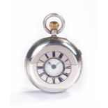 Silver hunter pocket watch chronograph, John Bennett, the outer blue enamel chapter ring enclosing