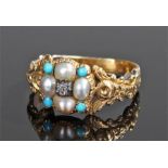 Victorian pearl and turquoise ring, with a central diamond and flower head surround, ring size J