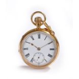 18 carat open face pocket watch, the white enamel dial with black Roman hours, subsidiary seconds,