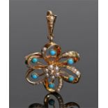 15 carat gold pearl turquoise and diamond pendant/brooch, in the form of flower, 31mm diameter