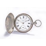 Silver hunter pocket watch, the engine turned case with a signed white enamel dial with Roman